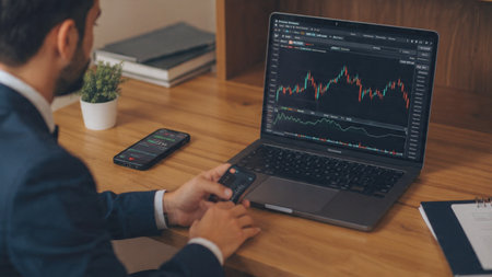Clean financial workspace featuring trading dashboards, printed analytics, and a modern coffee cup.の写真素材
