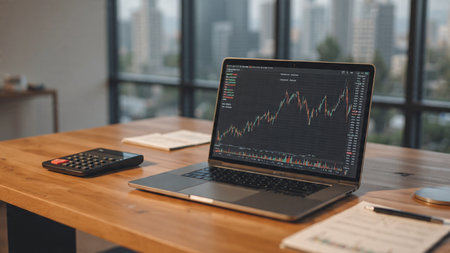 A modern workspace featuring colorful trading graphs on a laptop and detailed printed papers.の写真素材