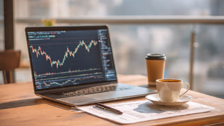 A quiet trading environment with a laptop showing candlestick patterns, economic indicators, and a coffee cup on a wooden desk.の写真素材