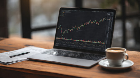 Trendline charts on laptop displayed on a wooden desk alongside notes and coffee.の写真素材