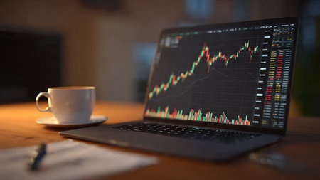 A laptop running live trading platforms with paperwork and hot coffee nearby.の写真素材