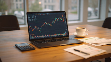 A workstation dominated by financial graphs, organized documents, and rich coffee aroma.の写真素材