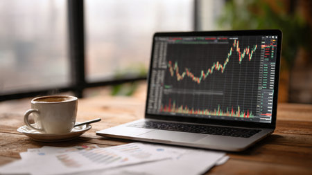 Laptop displaying real-time economic charts beside financial paperwork and a coffee cup.の写真素材