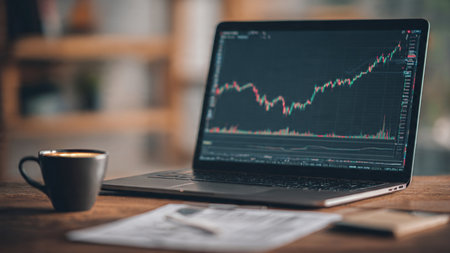 A wooden desk featuring market tracker laptop and supporting papers with a warm beverage.の写真素材