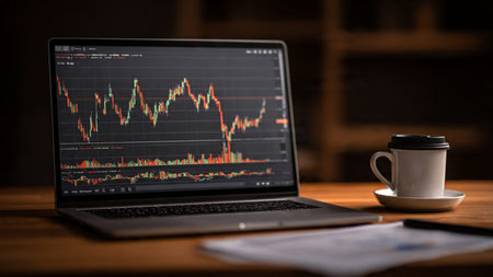 Trading graphs on laptop sit near planning sheets and fresh coffee on office desk.の写真素材