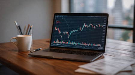 A laptop full of forex, crypto, and stock charts stands beside reports and a coffee mug.の写真素材