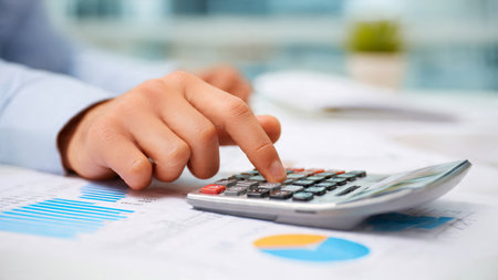 A professional analyzing desk with vibrant charts, printed data, and coffee placed neatly.の写真素材