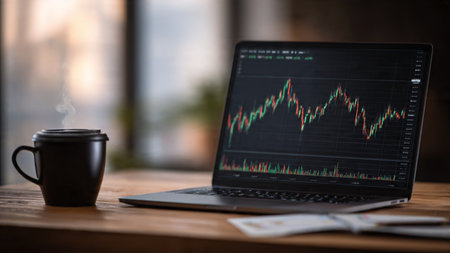 A workspace filled with financial charts, documents, and coffee atop a sleek wooden desk.の写真素材