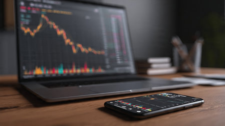 A laptop showing market summaries with analytic papers and warm coffee on the desk.の写真素材