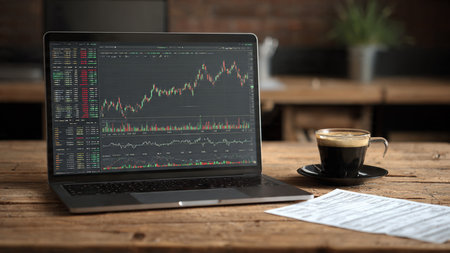 A digital stock dashboard on a laptop sits beside written reports and a hot drink on a modern desk.の写真素材