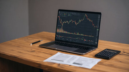 A digital trading station filled with laptop graphs and coffee resting next to analytical documents.の写真素材