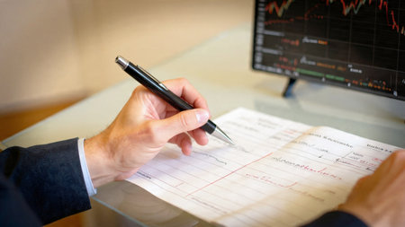 A laptop displaying colorful candlestick charts sits beside coffee and printed reports on a wooden desk.の写真素材