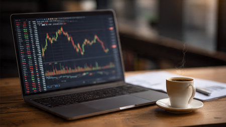 A modern workspace featuring colorful trading graphs on a laptop and detailed printed papers.の写真素材