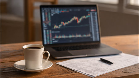 Economic growth charts glow from laptop placed on clean wood with supporting paperwork.の写真素材
