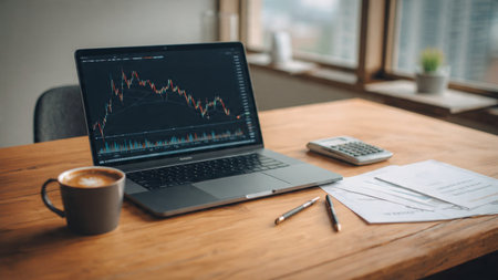 A modern trading setup with live stock charts on a laptop, financial paperwork, and a coffee cup placed neatly on a wooden surface.の写真素材