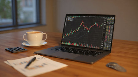 Dynamic financial charts fill the laptop screen surrounded by papers and a coffee mug on a polished wooden desk.の写真素材