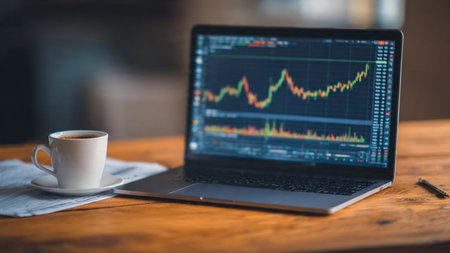 A wooden desk enriched with analytic tools, laptop screens, and coffee.の写真素材