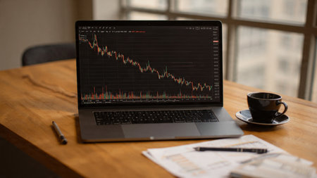 Financial volatility displayed on laptop surrounded by paperwork and a warm drink.の写真素材