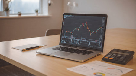 A laptop shows fluctuating stock prices beside notes and a hot beverage on a smooth wooden surface.の写真素材