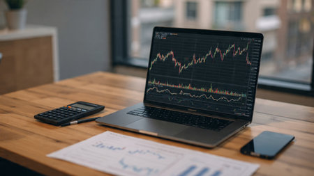 A modern trading workstation with coffee, laptop charts, and financial reports.の写真素材