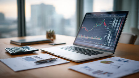 A wooden surface showcasing digital financial charts and a coffee mug alongside.の写真素材