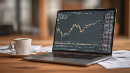 A modern wooden office desk features real-time stock charts on a laptop and financial notes beside coffee.の写真素材