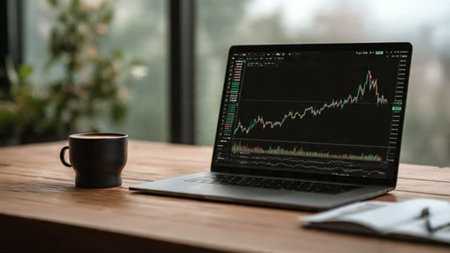 Wooden desk layout containing trading visuals, notes, and warm coffee beverage.の写真素材