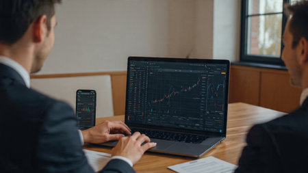 A laptop streaming live stock analysis beside a warm beverage and scattered financial sheets.の写真素材