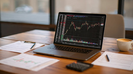 Economic growth charts glow from laptop placed on clean wood with supporting paperwork.の写真素材
