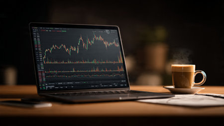 A sleek wooden table showing market fluctuations on a laptop screen, next to financial sheets and a coffee cup.の写真素材