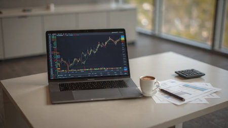 A laptop displaying market volatility beside financial notes and a warm coffee mug on a contemporary desk.の写真素材