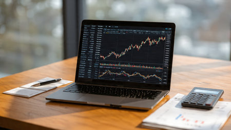 Wooden office desk housing a laptop with financial graphs and a cup of fresh coffee.の写真素材