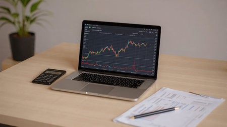 A laptop screen filled with financial graphs sits beside documents and coffee on a neat desk.の写真素材