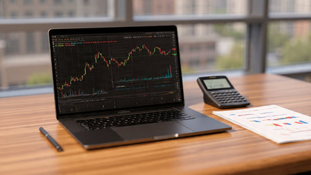 A bright trading table with financial dashboards on a laptop and warm coffee on a wooden surface.の写真素材
