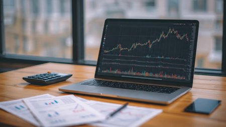 A workspace designed for financial analysis featuring laptop charts and warm morning coffee.の写真素材