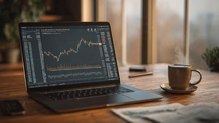 Market charts glow on the laptop screen while a coffee cup and several documents rest on a smooth wooden desk.の写真素材