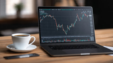 A quiet office desk with financial market graphs on a laptop, supporting documents, and a warm coffee.の写真素材