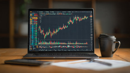 Wooden tabletop with stock data on laptop accompanied by organized papers and coffee.の写真素材
