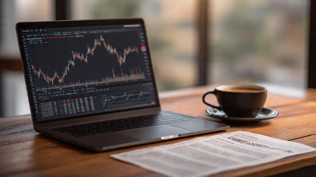 A wooden workspace filled with trading graphs, earnings reports, and a fresh cup of coffee.の写真素材