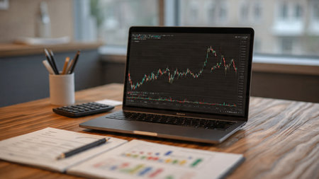 A workstation setup featuring market data on a laptop sits beside notes and coffee on a modern wooden desk.の写真素材