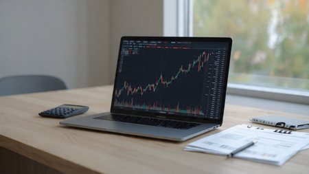A wooden desk setup showing economic performance on a laptop, with documents and coffee neatly placed.の写真素材