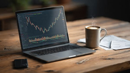 Laptop showing stock market heat maps sits near financial references and coffee on a desk.の写真素材