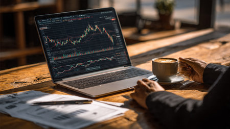A modern trading area featuring laptop trends, documents, and coffee on wooden desk.の写真素材