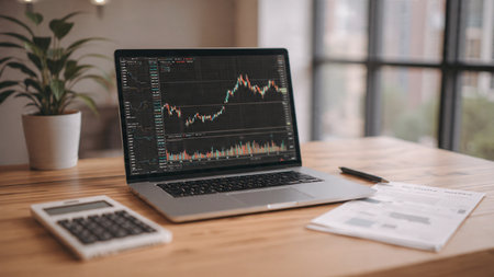 Market performance charts on laptop accompanied by notes and fresh coffee.の写真素材