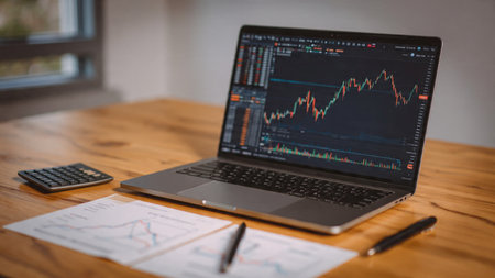 A modern wooden desk setup featuring financial graphs on a laptop paired with analysis paperwork and coffee.の写真素材