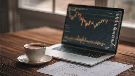 A trading setup with vibrant chart displays, fundamental reports, and hot coffee on a wooden table.の写真素材