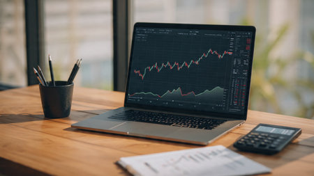 Trading visuals on a laptop screen complement documents and coffee arranged on a clean wooden desk.の写真素材