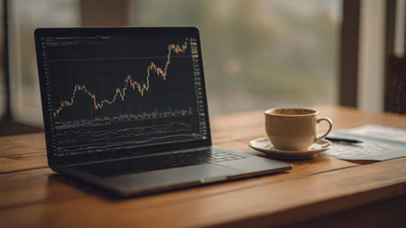 A laptop showing trading trend lines sits beside financial summaries and hot coffee.の写真素材