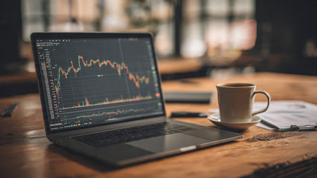 A modern wooden office desk features real-time stock charts on a laptop and financial notes beside coffee.の写真素材