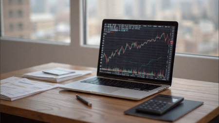 A laptop with analytical charts sits on a wooden desk with documents and a warm beverage beside it.の写真素材